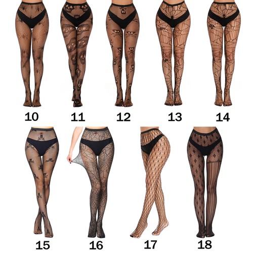 Womens Black Fishnet Patterned Gothic Tights Spider Web Bone Skull Bat UK 6-16 - Picture 3 of 22