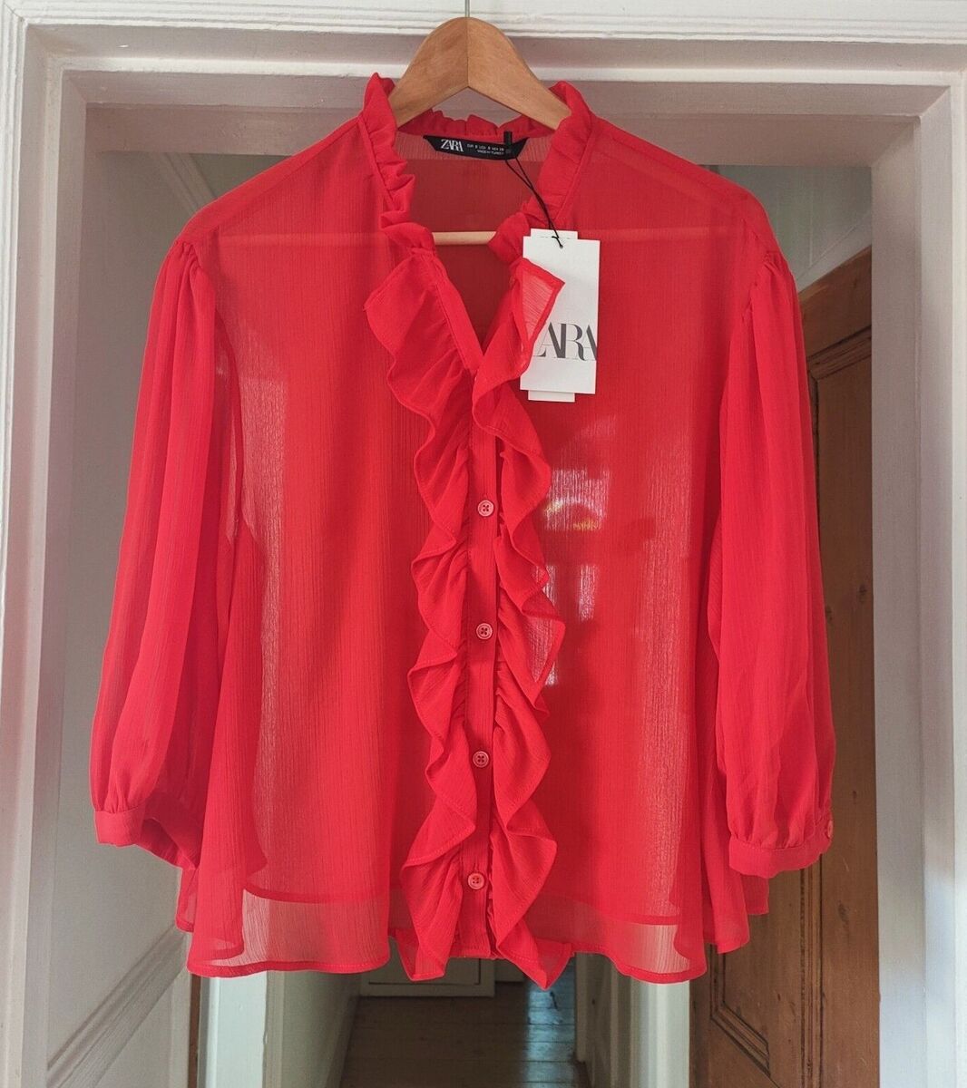 ZARA Chiffon Blouse Top Semi Sheer With Ruffle Trims S Shirt ZARA Chiffon Blouse Top Semi Sheer With Ruffle Trims S Shirt