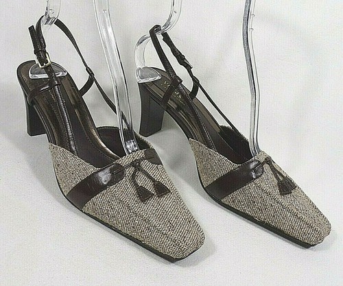 Liz Claiborne Villager Slingback Shoes 3u0026#034; Heels 8.5M Brown Tweed  Tassels | eBay