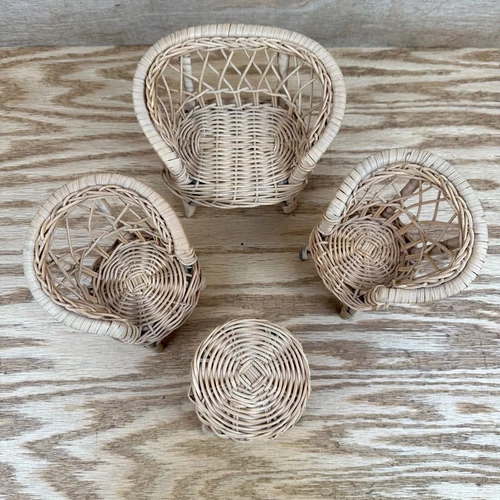 Vintage 4 Set Wicker Rattan Patio Barbie Doll Furniture Chairs Loveseat Table