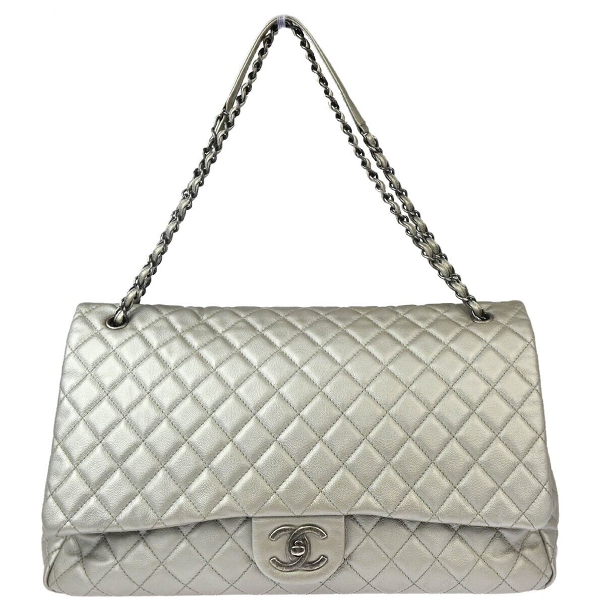 Chanel Silver Calfskin XXL Single Flap Shoulder Bag 124604 Chanel Silver Calfskin XXL Single Flap Shoulder Bag 124604
