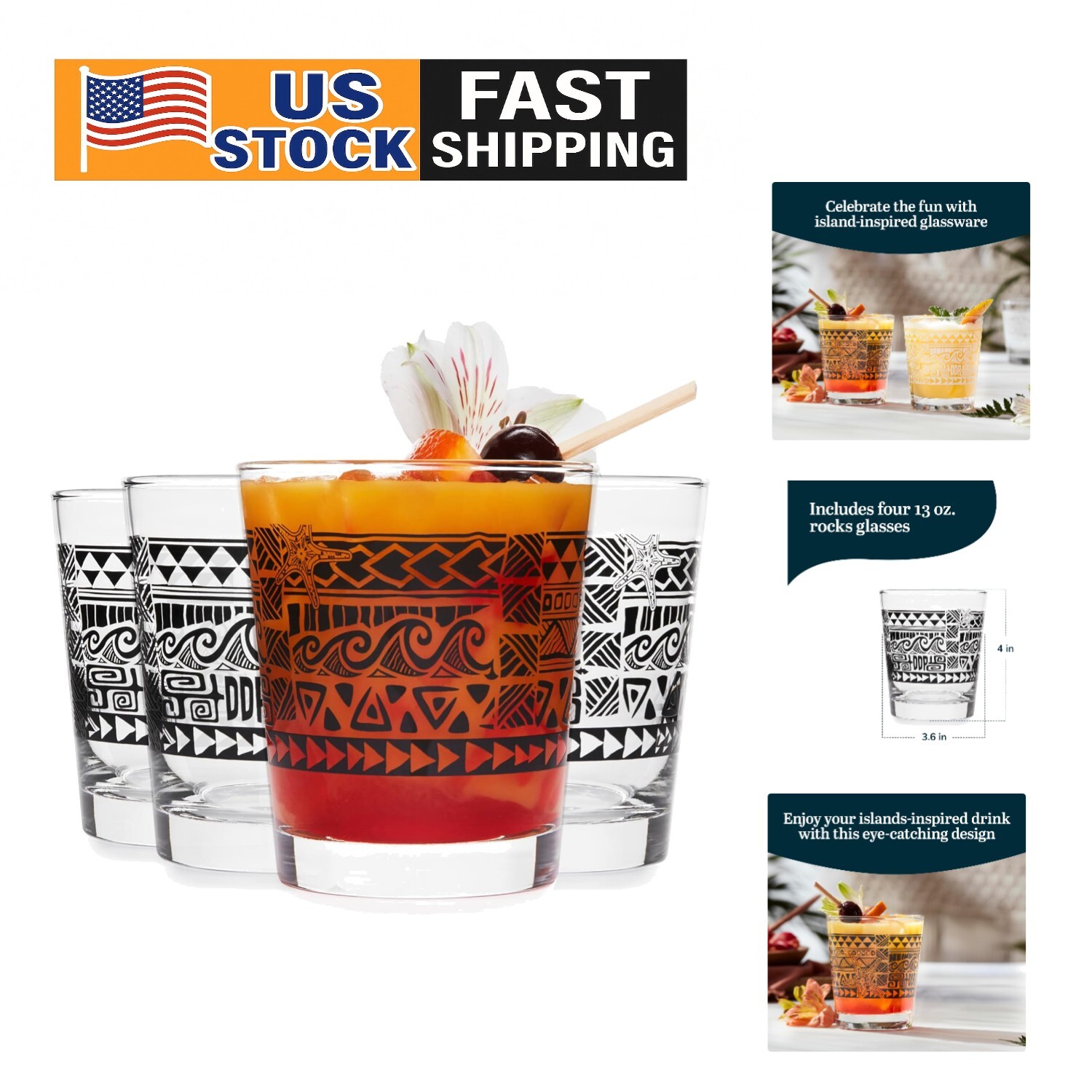 Vintage Tiki Rocks Glasses Set of 4 - 13 oz Exotic Drinkingware for Entertaining