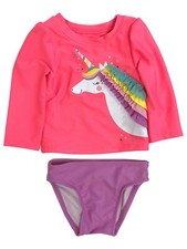 Infant  Toddler Girls 2pc Pink  Purple Unicorn Rash Guard Swim Suit Set