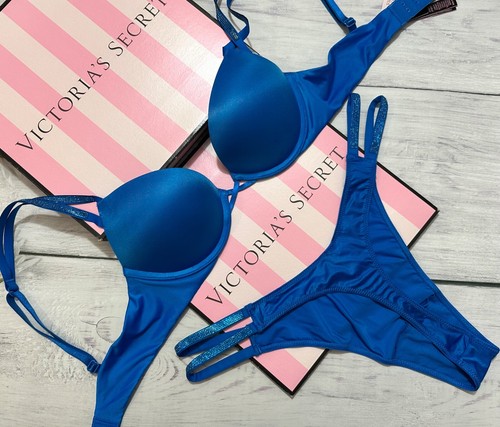 Victoria's Secret Shine Strap Bombshell Push Up Bra 2 piece Set Blue - Picture 2 of 5
