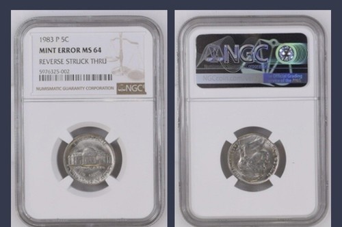 1983 P 5c JEFFERSON NICKEL NGC MS64 MINT ERROR REVERSE STRUCK THROUGH