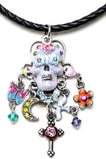  KIRKS FOLLY SUGAR SKULL DREAMS BRAIDED LEATHER CORD NECKLACE SILVERTONE NEW !