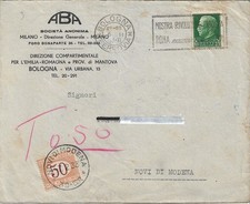 Busta viaggiata nel 1933 da Bologna a Novi di Modena - Tassata