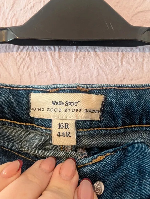 White Stuff Denim A Line Skirt UK 16R Blue Knee Length Cotton Stretch Casual image 7
