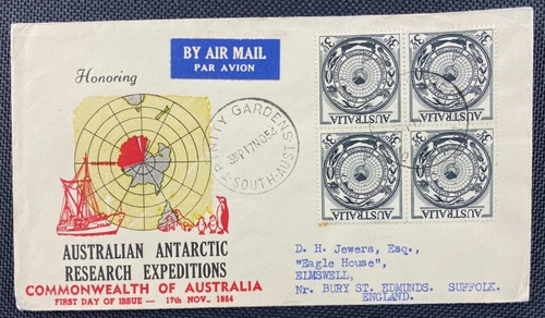 1954 AAT Australian Antarctic Expeditions Block Of 4 Stamps WIDE WORLD FDC To UK