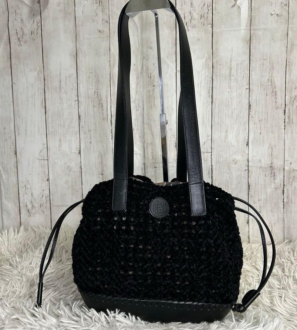 FENDI Drawstring Logo Pecans Shoulder Bag Tote Bag FF Black USED thumbnail 2