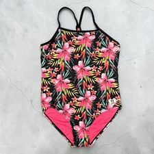 Hurley Girls Black Hyper Pink Floral Tropical One Piece Swimsuit 10/12