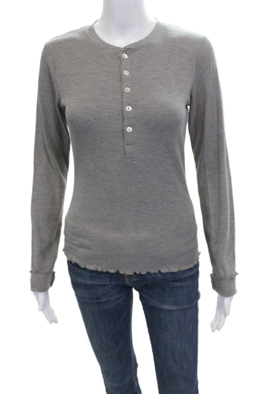 WSLY Womens Basic Button-Up Gray Long Sleeve Crew… - image 1