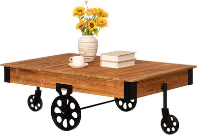 Rustic Vintage Wooden Coffee Table with Metal Accents and Cast Iron Wheels
