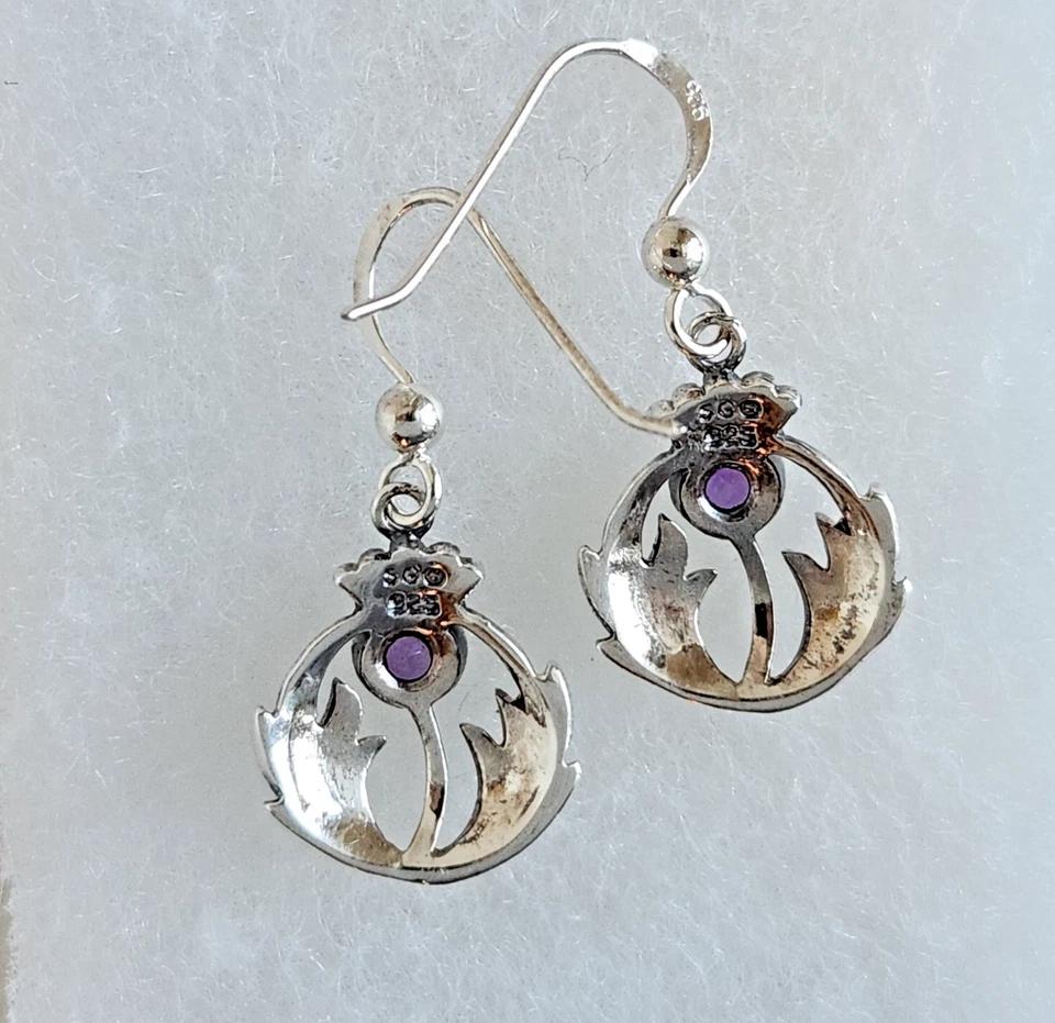 Sterling Silver 925 Amethyst Scottish Thistle Drop Earrings | Botanical Floral - Image 2 of 4