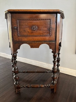 Antique 20s Jacobean Revival Gothic Copper Lined Wood Humidor Cabinet Side Table