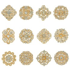 Silver/Gold Plated 12pcs Crystal Rhinestones Flower Brooch Pins DIY Wedding B...