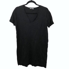 Zara Solid Black V-neck Short Sleeve Unhemmed Pullover Shirt Dress Small