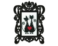 KREUZSTICH MINI STICKBILD - KATZEN-LIEBESPAAR - VINTAGE METALLRAHMEN - 6,5x8,5cm