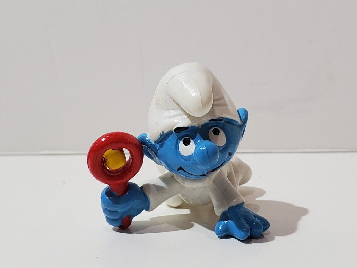 1984 Schleigh Peyo Smurfs #20179 Baby Smurf With Rattle Loose PVC