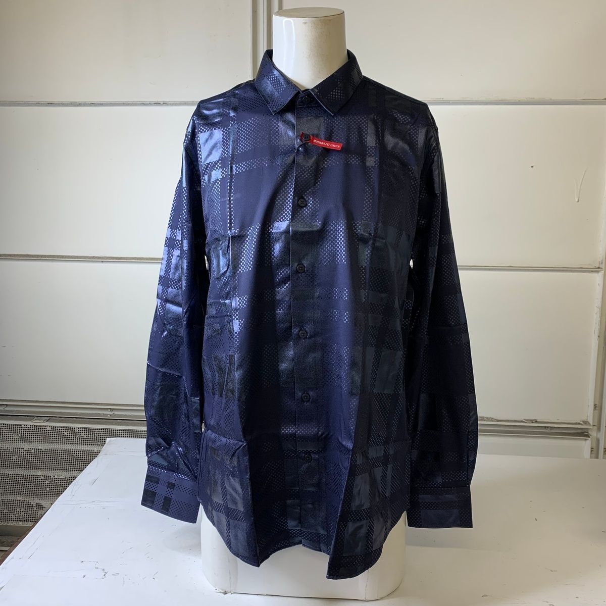 PLATINI Long Sleeve Modern Fit Foiled Shirt Men's Size L Navy