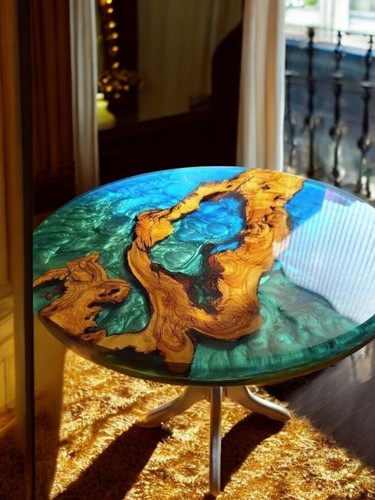 Epoxy Resin Round Table Wooden Handmade Ocean Wave Console Furniture ...