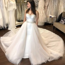 Satin Mermaid Wedding Dresses Beaded with Detachable Tulle Train Bridal Gowns