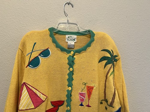 Quacker Factory Yellow Cardigan Sweater Beach Appliques Embroidered Women’s 2X - Picture 4 of 14