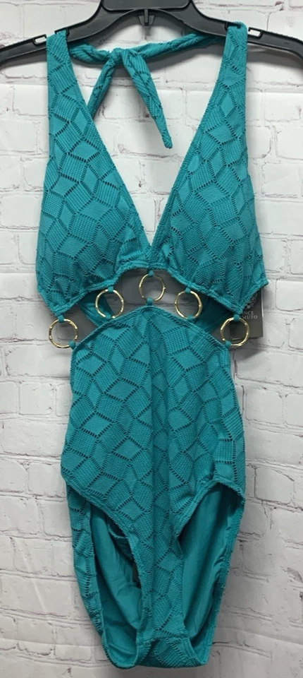 Traje de baño Vince Camuto talla 14 detalle de anillo inmersión de una pieza verde laguna nuevo Foto 3 de 4