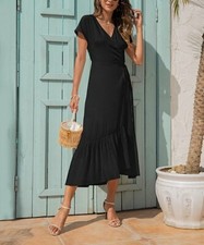 Suvimuga Black Ruffle-Trim Wrap Midi Dress Size M
