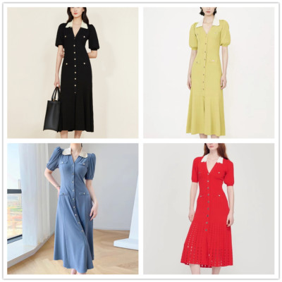 Sandro V-neck A-line Dress Single Breasted Short Sleeve Midi Dress for Women