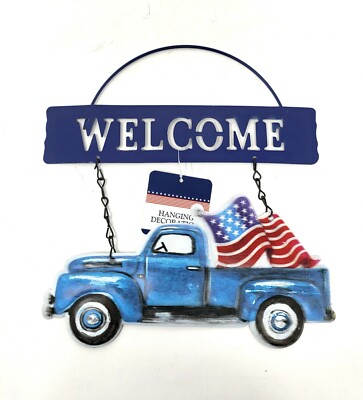 Metal Pick Up Truck & US Flag Welcome Sign - New