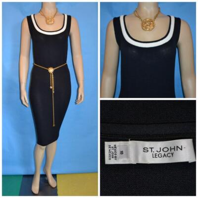 ST. JOHN Santana Knit Black Dress L 10 12 Cream Trims Sleeveless Sheath