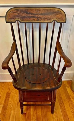 Mid 19th C. American Grain Painted Spindle Back Windsor Commode Arm Chair