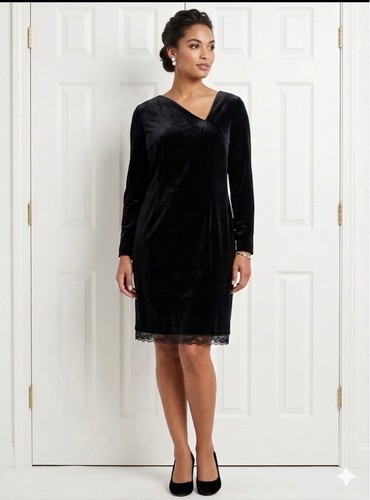 Halston, Vtg Halston Women’s 6 Black Velvet Dress Lace Long Sleeve S Silk 80s Whimsgoth