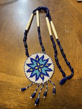 Vintage Native American Beaded Medallion Necklace Blue Starburst Bone  Glass
