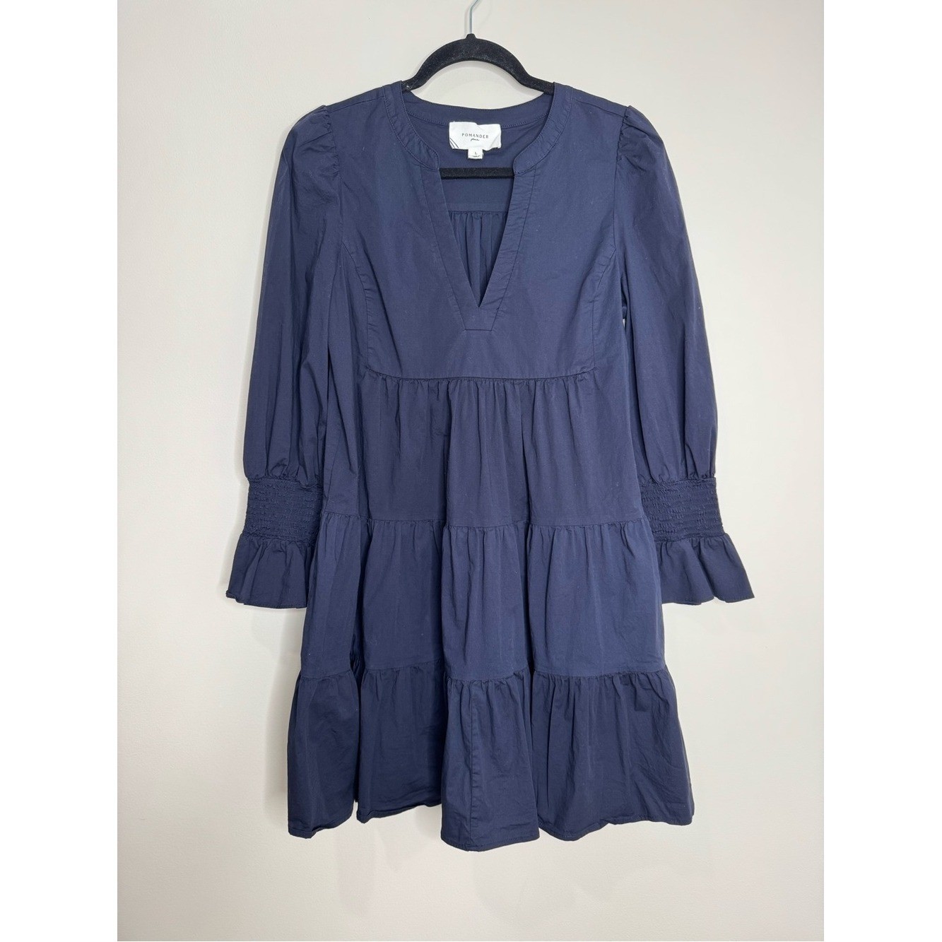 Pomander Place Tnuck Navy Blue Cotton Poplin Kenzo Tiered Mini Dress Size Large