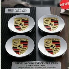4 Porsche Silver Center Caps Concave 76mm Royal Crest 992 Cayenne 911 Carrera