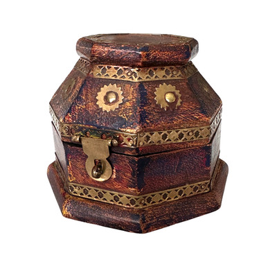 Vintage Wood Brass Keepsake Trinket Box Handmade Moroccan Octagon Hinged 1970s