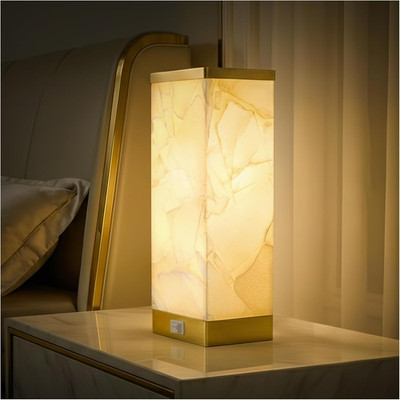Alabaster Table Lamp for Bedroom Living Room, 3-Way Dimmable Bulb with Memory Fu