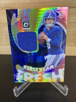 2025 Donruss Optic Jaxson Dart First Year Fresh RC Jersey Blue Hyper NY Giants