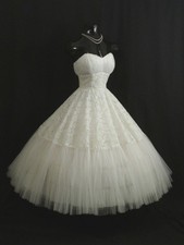 Vintage 1950's 50s STRAPLESS White Ivory Tulle Lace Prom Party Wedding Dress XS