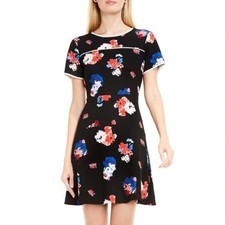 Vince Camuto Mini Dress Size 8 Petites Black Floral Print Fit Flare Short Sleeve