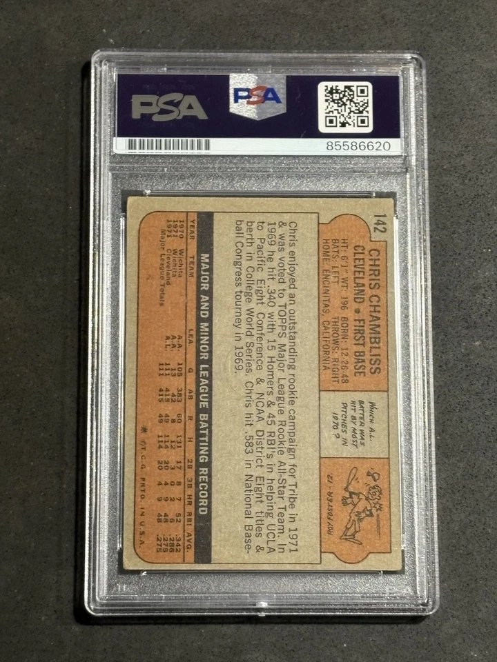 КАРТОЧКА С АВТОГРАФОМ НОВИЧКА CHRIS CHAMBLISS 1972 TOPPS NO142 СЕРТИФИЦИРОВАННАЯ PSA/DNA - Изображение 2 из 2
