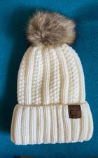 C.C Women's Exclusives Knitted Beanie Hat ~ Fuzzy Lining ~Faux Fur Pom Pom