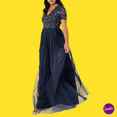 MAYA DELUXE Damen Pailletten Empire Kleid, Tüll Overlay, Navy, UK 10 | EU 38