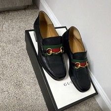 Gucci Black Leather Horsebit Web Stripe Loafe...