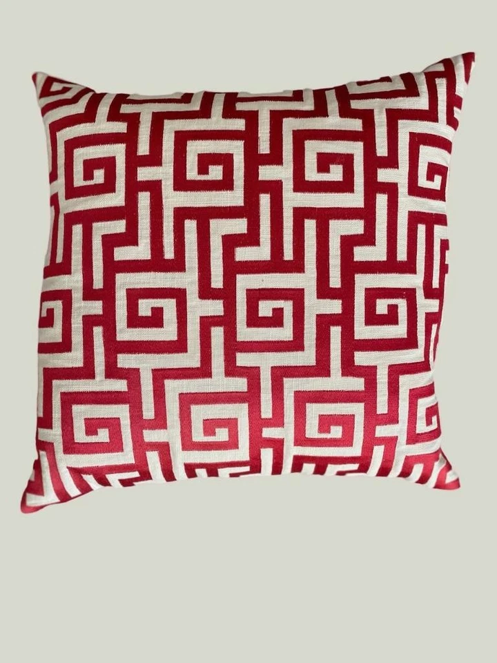 Pair of Matching Greek Key Red Pattern Down filled Pillows Safavieh 16" x 16" - Image 2 of 4