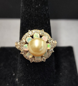 Authentic Golden South Sea Pearl & Ethiopian Opal & Zircon 18k Gold Plated Ring sz 8.75