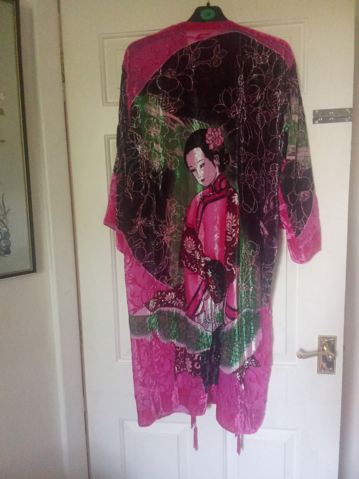 River Island Pink Velvet Devore Oriental Lady Tasseled Beaded Kimono One Size