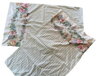 Dan River Green Floral Stripe Set Of 2  Cottagecore Std Pillowcases  USA VTG
